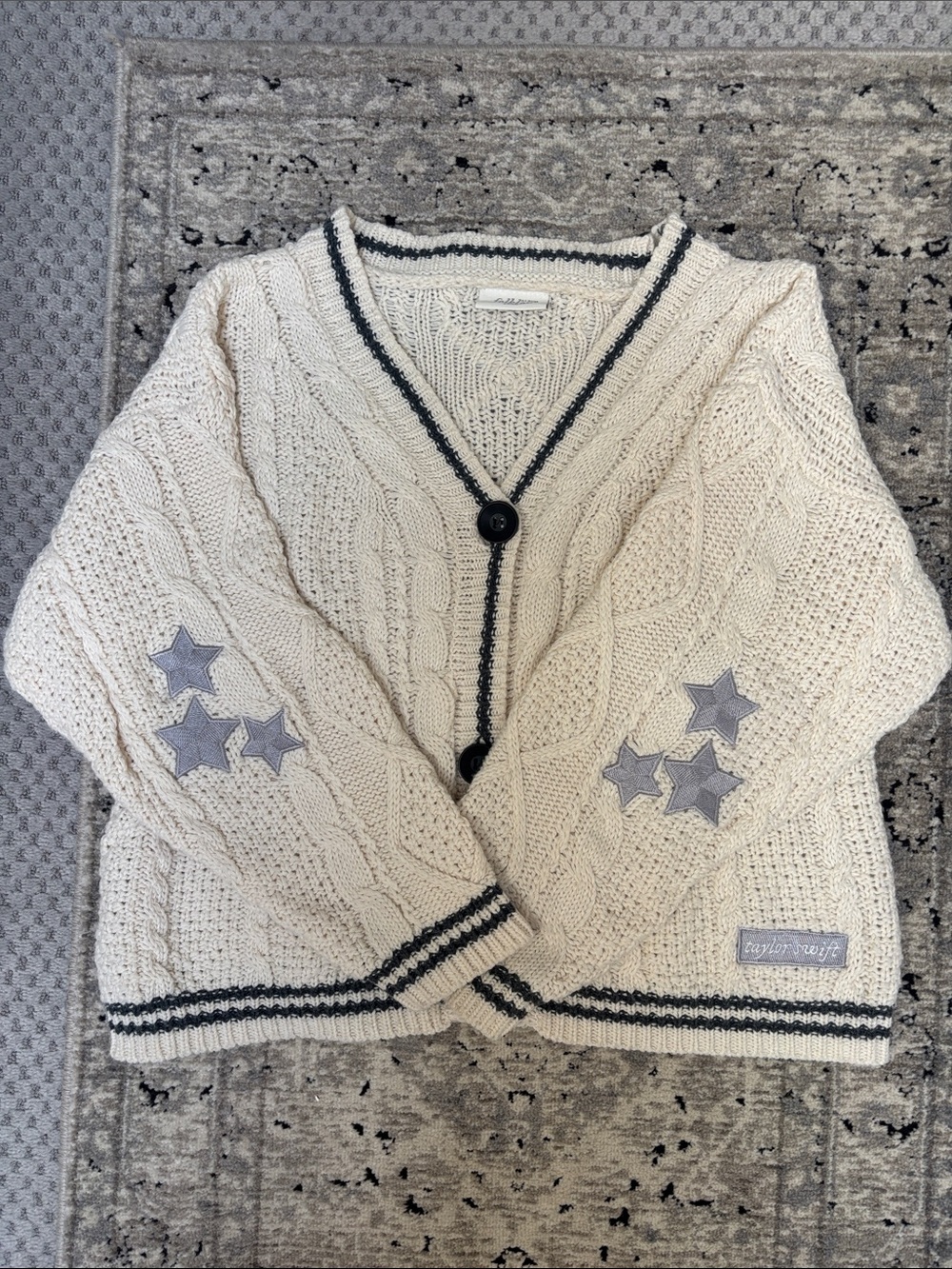Taylor Swift Cream Cable Knit Cardigan with Gray Star Patches